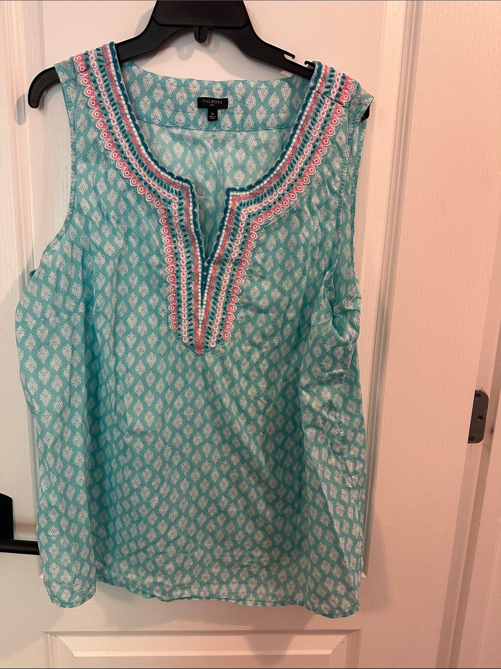 Talbots Aqua Sleeveless Printed Tunic with Embroidered V-Neck